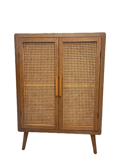 Mid Century Modern Style Tall Wood Cabinet with 2 Woven Cane Doors