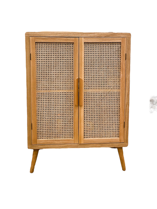 Mid Century Modern Style Tall Wood Cabinet with 2 Woven Cane Doors