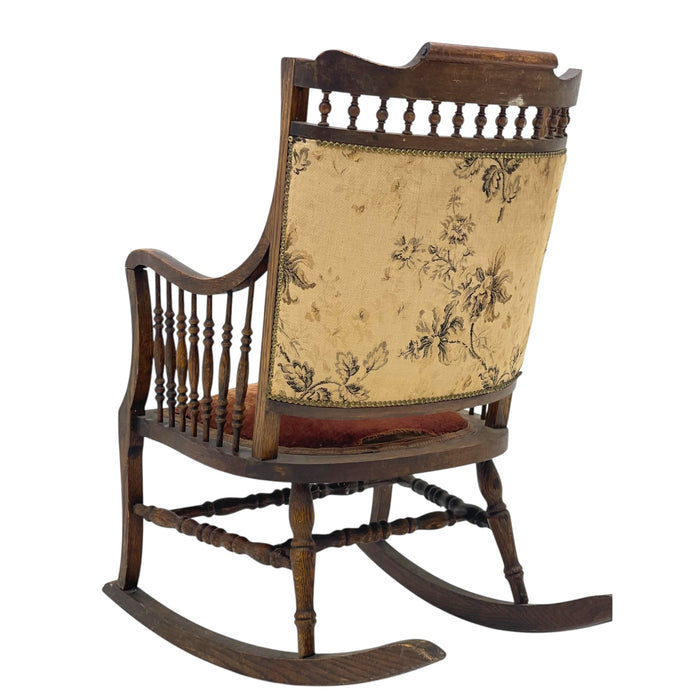 Late 19th Century Early American Antique Solid Oak Rocking Chair With Original Upholstery