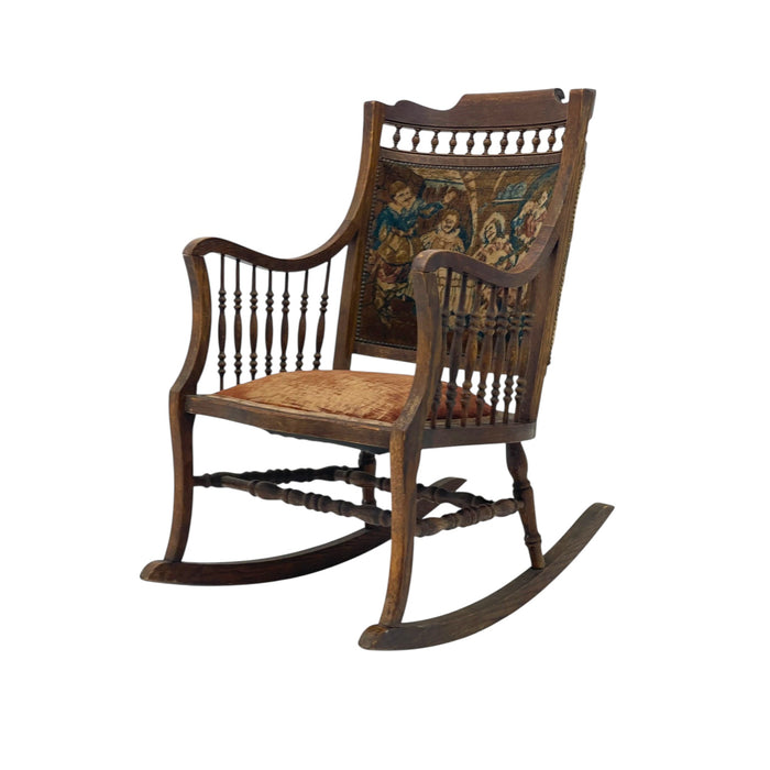 Late 19th Century Early American Antique Solid Oak Rocking Chair With Original Upholstery