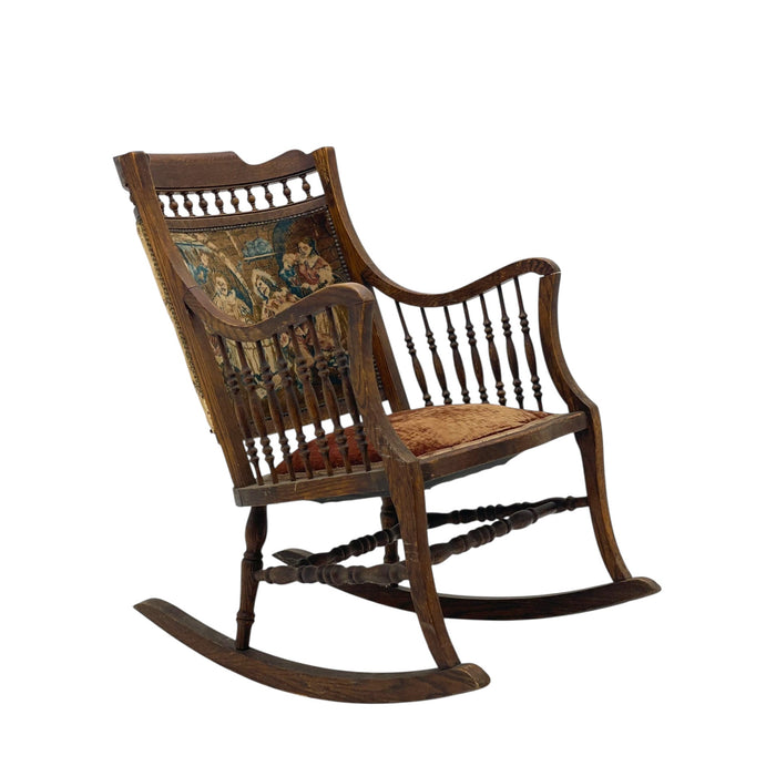 Late 19th Century Early American Antique Solid Oak Rocking Chair With Original Upholstery