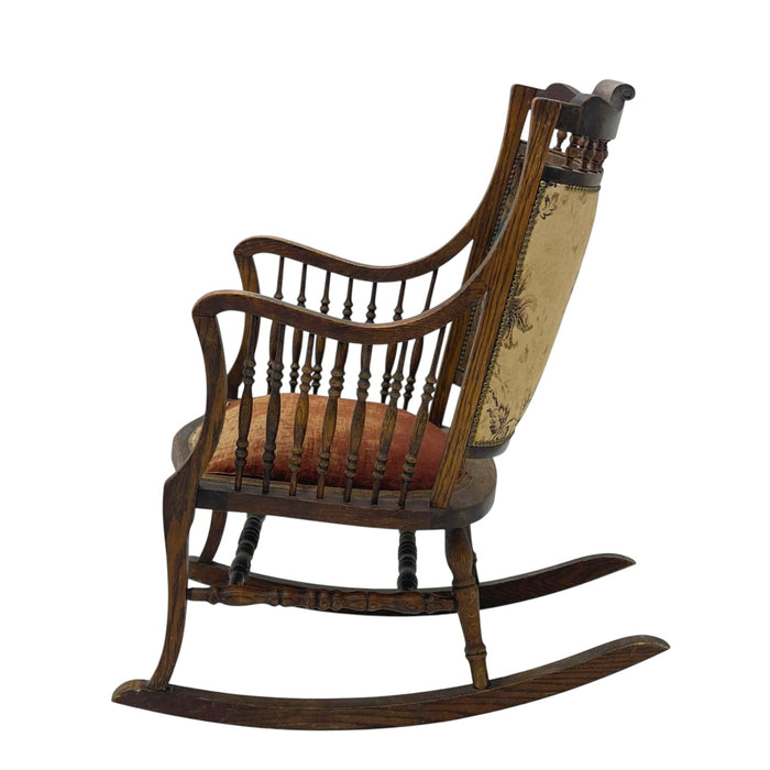 Late 19th Century Early American Antique Solid Oak Rocking Chair With Original Upholstery