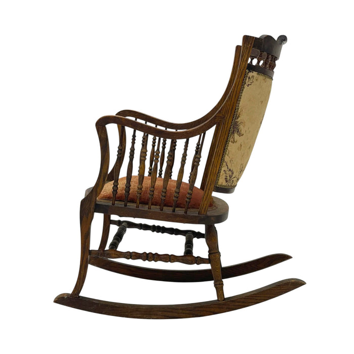 Late 19th Century Early American Antique Solid Oak Rocking Chair With Original Upholstery