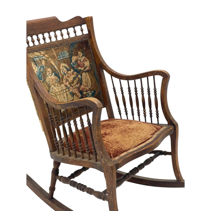 Late 19th Century Early American Antique Solid Oak Rocking Chair With Original Upholstery