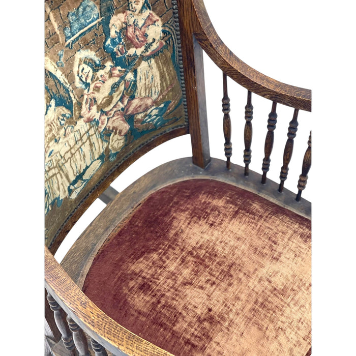 Late 19th Century Early American Antique Solid Oak Rocking Chair With Original Upholstery