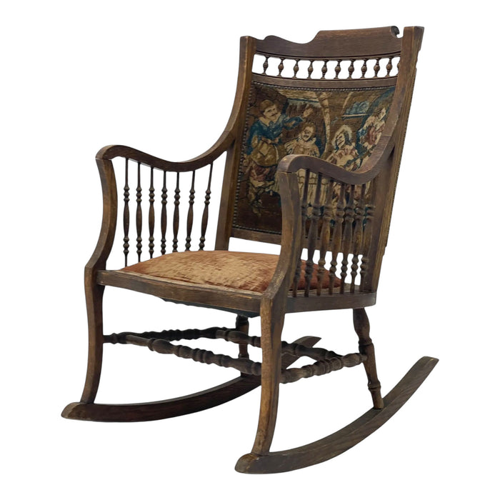 Late 19th Century Early American Antique Solid Oak Rocking Chair With Original Upholstery
