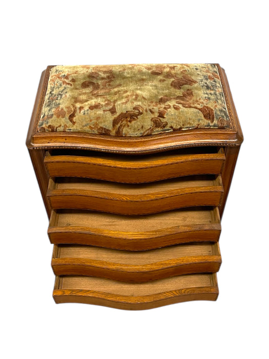 Vintage Mid-Century Modern Possible Sewing or Jewelry Cabinet with Upholstered Seat and Side Storage