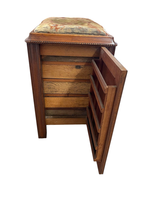 Vintage Mid-Century Modern Possible Sewing or Jewelry Cabinet with Upholstered Seat and Side Storage