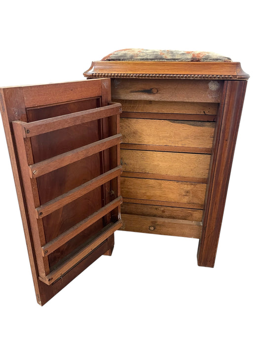 Vintage Mid-Century Modern Possible Sewing or Jewelry Cabinet with Upholstered Seat and Side Storage