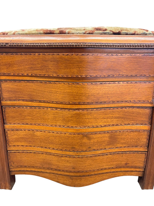 Vintage Mid-Century Modern Possible Sewing or Jewelry Cabinet with Upholstered Seat and Side Storage
