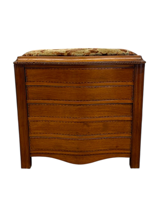 Vintage Mid-Century Modern Possible Sewing or Jewelry Cabinet with Upholstered Seat and Side Storage