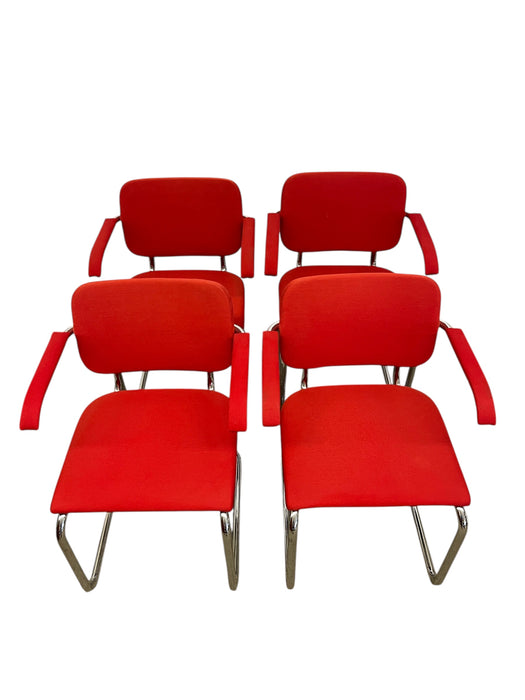Set of 4 Knoll Cesca Red Upholstered Cantilever Armchairs with Chrome Frames
