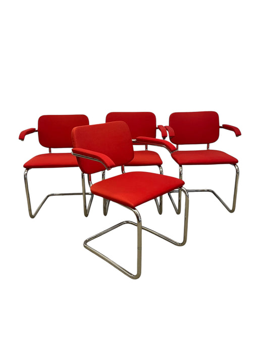 Set of 4 Knoll Cesca Red Upholstered Cantilever Armchairs with Chrome Frames