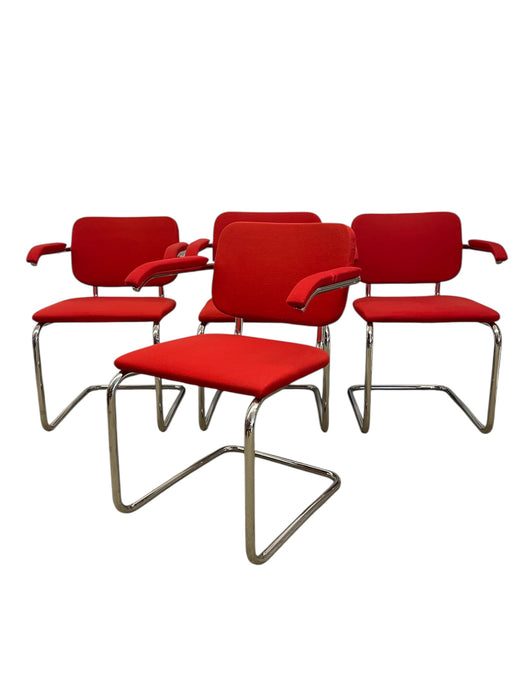 Set of 4 Knoll Cesca Red Upholstered Cantilever Armchairs with Chrome Frames