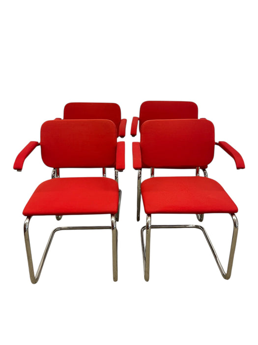 Set of 4 Knoll Cesca Red Upholstered Cantilever Armchairs with Chrome Frames