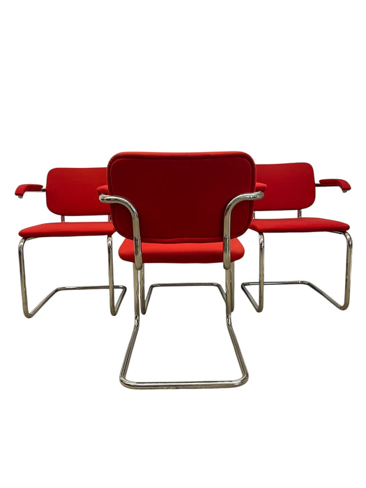 Set of 4 Knoll Cesca Red Upholstered Cantilever Armchairs with Chrome Frames