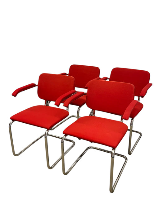 Set of 4 Knoll Cesca Red Upholstered Cantilever Armchairs with Chrome Frames