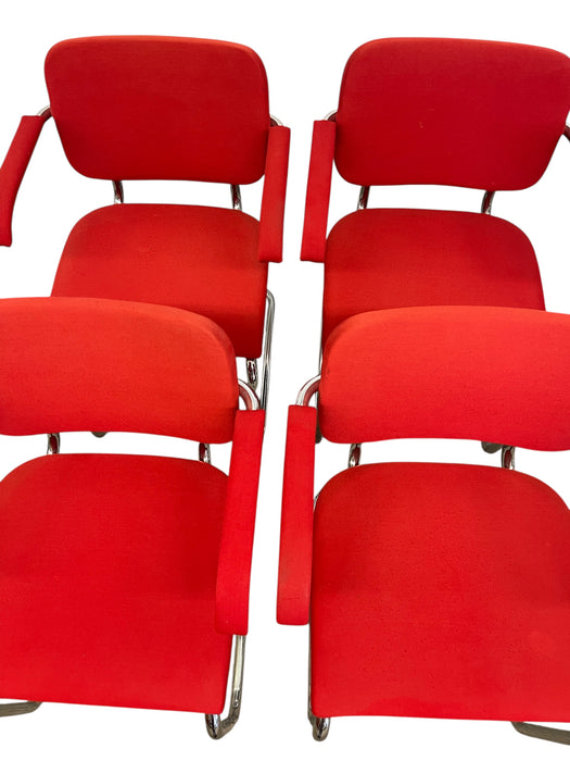 Set of 4 Knoll Cesca Red Upholstered Cantilever Armchairs with Chrome Frames