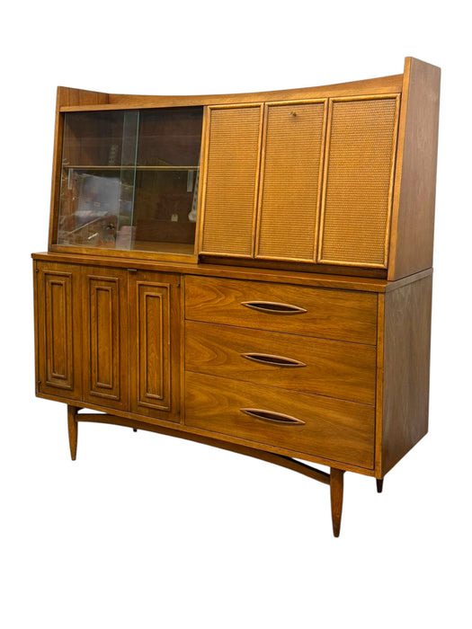 Vintage Mid Century Modern Walnut Credenza Hutch Bar Top or Writing Top Broyhill Premier Line Sculptra Collection Circa 1957 (Available by Online Purchase Only)