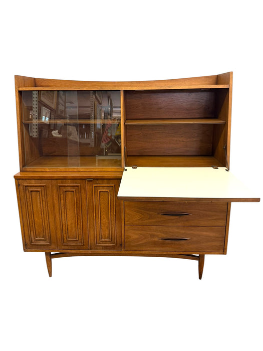 Vintage Mid Century Modern Walnut Credenza Hutch Bar Top or Writing Top Broyhill Premier Line Sculptra Collection Circa 1957 (Available by Online Purchase Only)