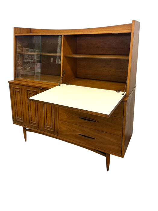 Vintage Mid Century Modern Walnut Credenza Hutch Bar Top or Writing Top Broyhill Premier Line Sculptra Collection Circa 1957 (Available by Online Purchase Only)