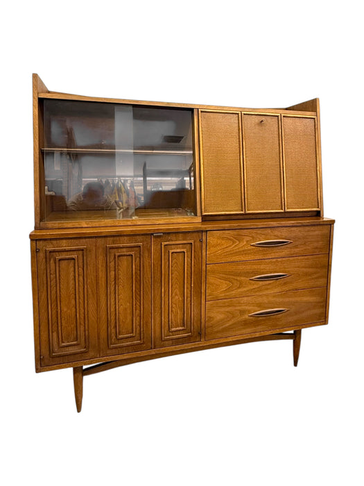 Vintage Mid Century Modern Walnut Credenza Hutch Bar Top or Writing Top Broyhill Premier Line Sculptra Collection Circa 1957 (Available by Online Purchase Only)