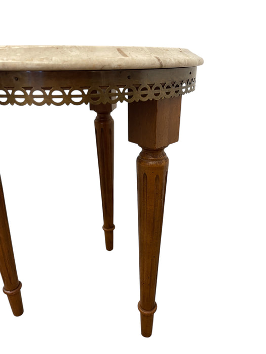 Vintage Marble Top Side Table Stand with Brass Finished Trim and Fluted Tapered Legs