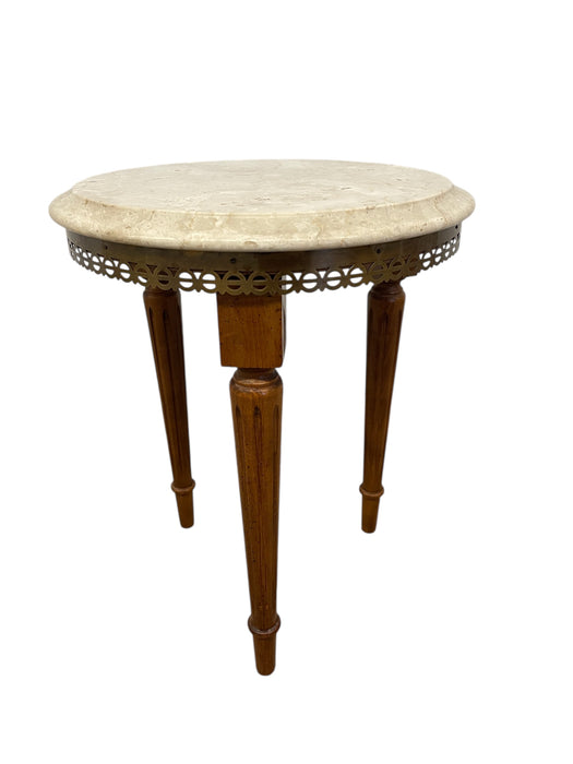 Vintage Marble Top Side Table Stand with Brass Finished Trim and Fluted Tapered Legs