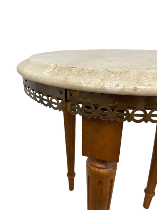Vintage Marble Top Side Table Stand with Brass Finished Trim and Fluted Tapered Legs
