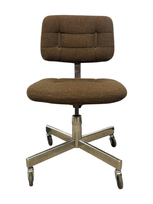 Vintage Mid-Century Office Chair - Chrome Toned Base, Brown Upholstery, Rolling Swivel Task Chair