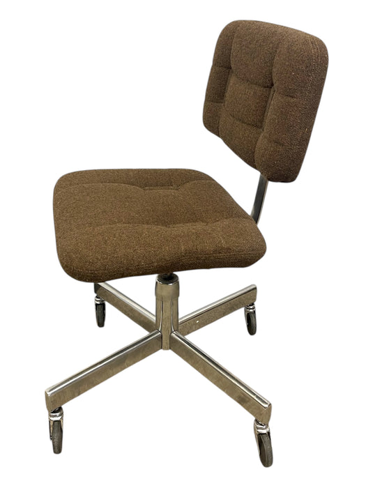 Vintage Mid-Century Office Chair - Chrome Toned Base, Brown Upholstery, Rolling Swivel Task Chair