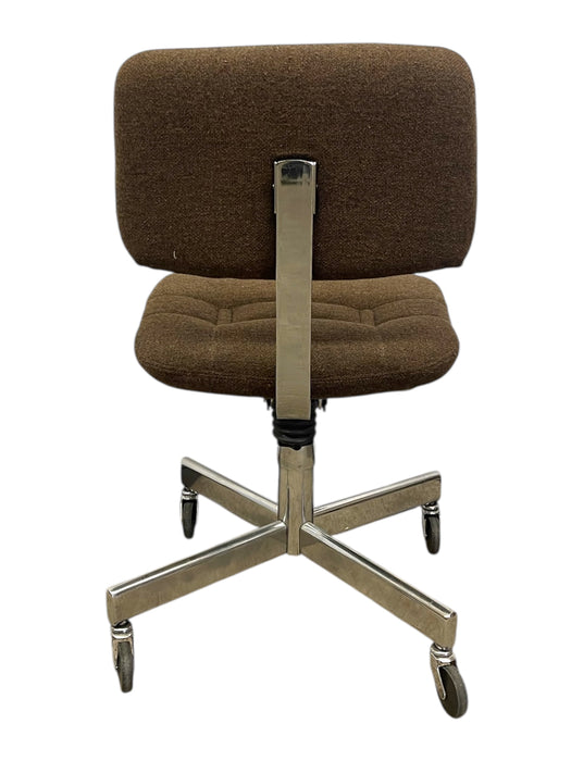 Vintage Mid-Century Office Chair - Chrome Toned Base, Brown Upholstery, Rolling Swivel Task Chair