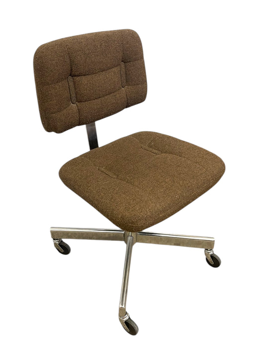 Vintage Mid-Century Office Chair - Chrome Toned Base, Brown Upholstery, Rolling Swivel Task Chair