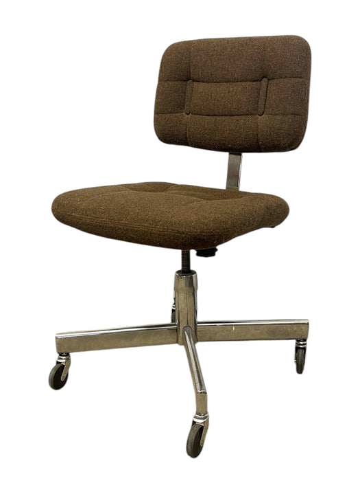 Vintage Mid-Century Office Chair - Chrome Toned Base, Brown Upholstery, Rolling Swivel Task Chair
