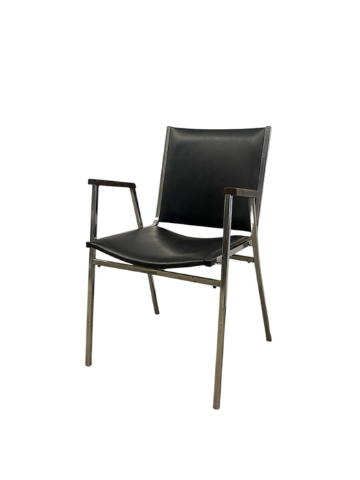 Mid-Century Modern Chrome and Faux Leather Armchair with Wood Armrests, 1970s