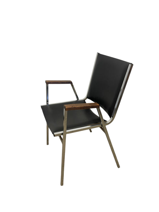 Mid-Century Modern Chrome and Faux Leather Armchair with Wood Armrests, 1970s