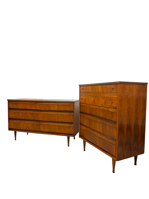 Vintage Mid-Century Modern Walnut Dresser Set - 6 Drawer Lowboy & 4-Drawer Highboy Chest of Drawers