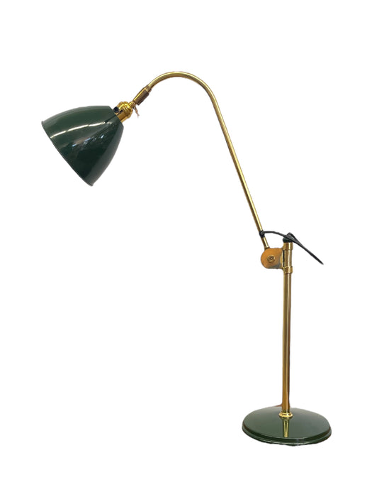 Vintage Adjustable Green and Brass Toned Desk Lamp with Articulated Arm and weighted base.