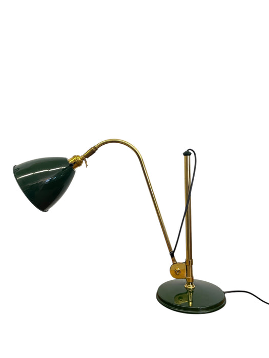 Vintage Adjustable Green and Brass Toned Desk Lamp with Articulated Arm and weighted base.