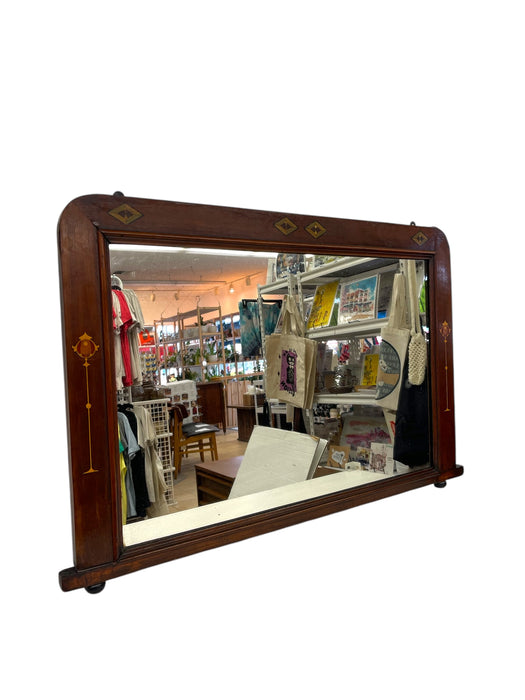 Possibly Antique Arts and Crafts Painted Mahogany Toned Wall Mirror with Geometric and Floral Marquetry, Early 20th Century