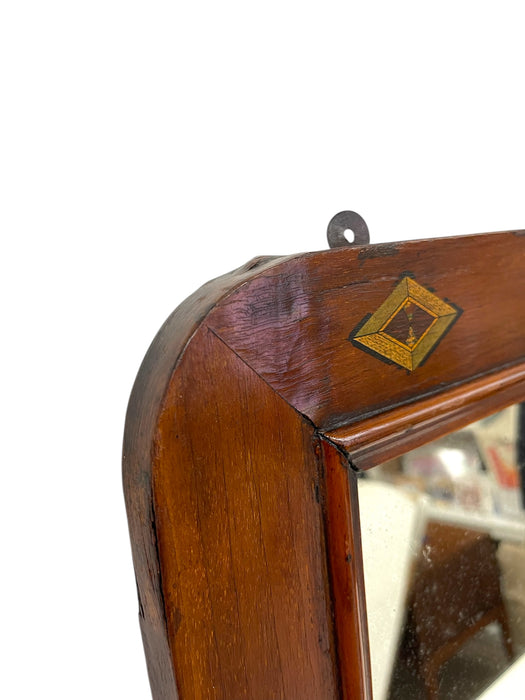 Possibly Antique Arts and Crafts Painted Mahogany Toned Wall Mirror with Geometric and Floral Marquetry, Early 20th Century