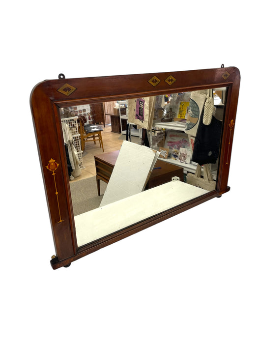 Possibly Antique Arts and Crafts Painted Mahogany Toned Wall Mirror with Geometric and Floral Marquetry, Early 20th Century