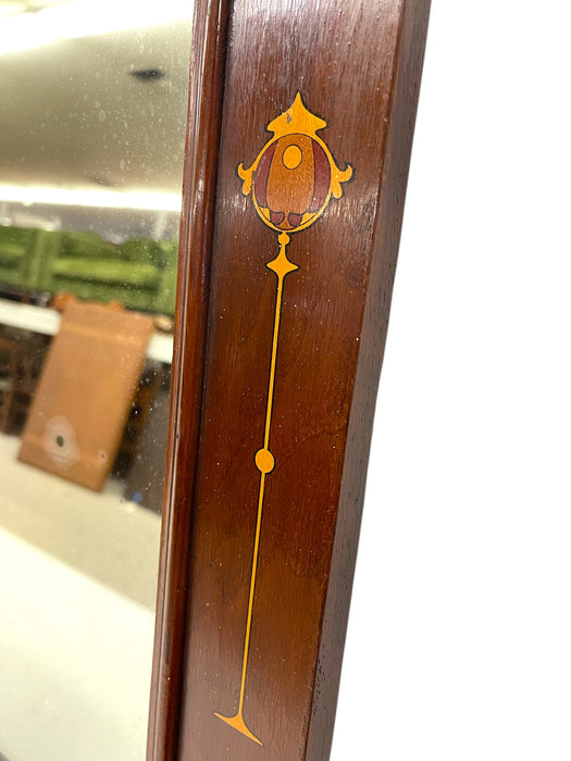 Possibly Antique Arts and Crafts Painted Mahogany Toned Wall Mirror with Geometric and Floral Marquetry, Early 20th Century