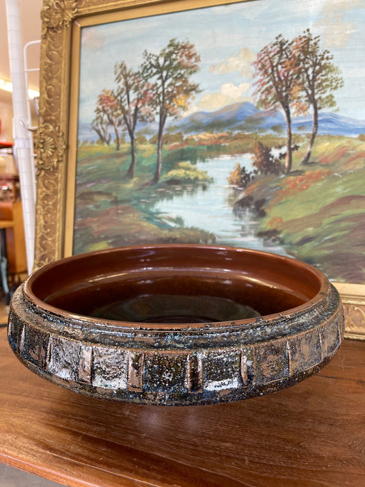 Mid-Century Modern Glazed Studio Pottery Pedestal Bowl with Textured Lava Exterior