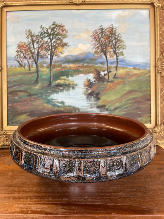 Mid-Century Modern Glazed Studio Pottery Pedestal Bowl with Textured Lava Exterior