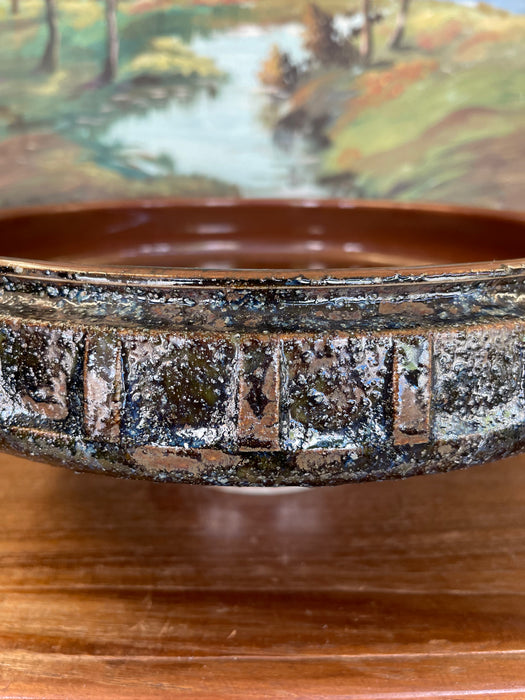 Mid-Century Modern Glazed Studio Pottery Pedestal Bowl with Textured Lava Exterior
