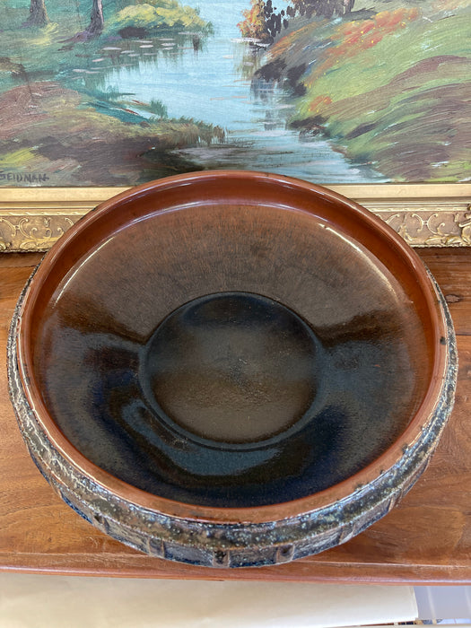 Mid-Century Modern Glazed Studio Pottery Pedestal Bowl with Textured Lava Exterior