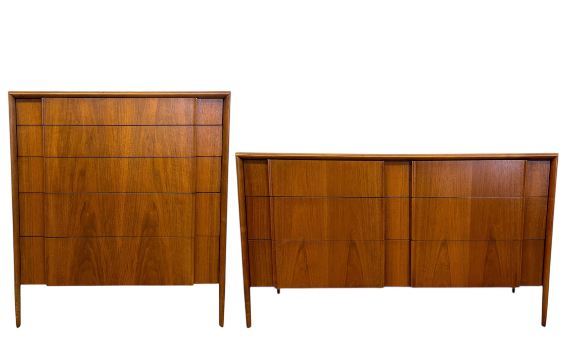 Vintage Mid Century Modern Dresser Set by Drexel, Parallel Collection - Tallboy and Six Drawer Low Dresser