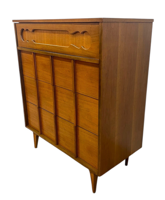 Vintage Mid-Century Modern Tallboy Dresser with Sculpted Front