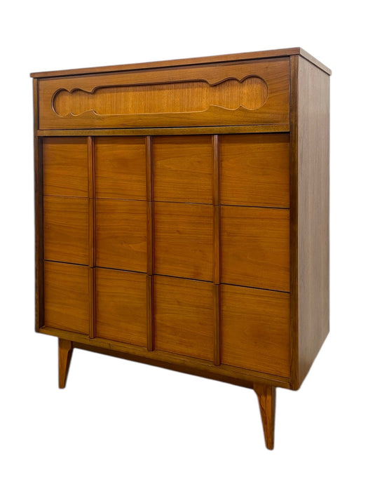 Vintage Mid-Century Modern Tallboy Dresser with Sculpted Front
